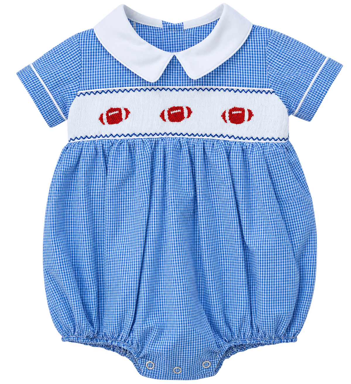 A baby romper in a blue and white gingham pattern, featuring a white Peter Pan collar, a white smocked chest band with three red football motifs, and elasticated bubble legs.