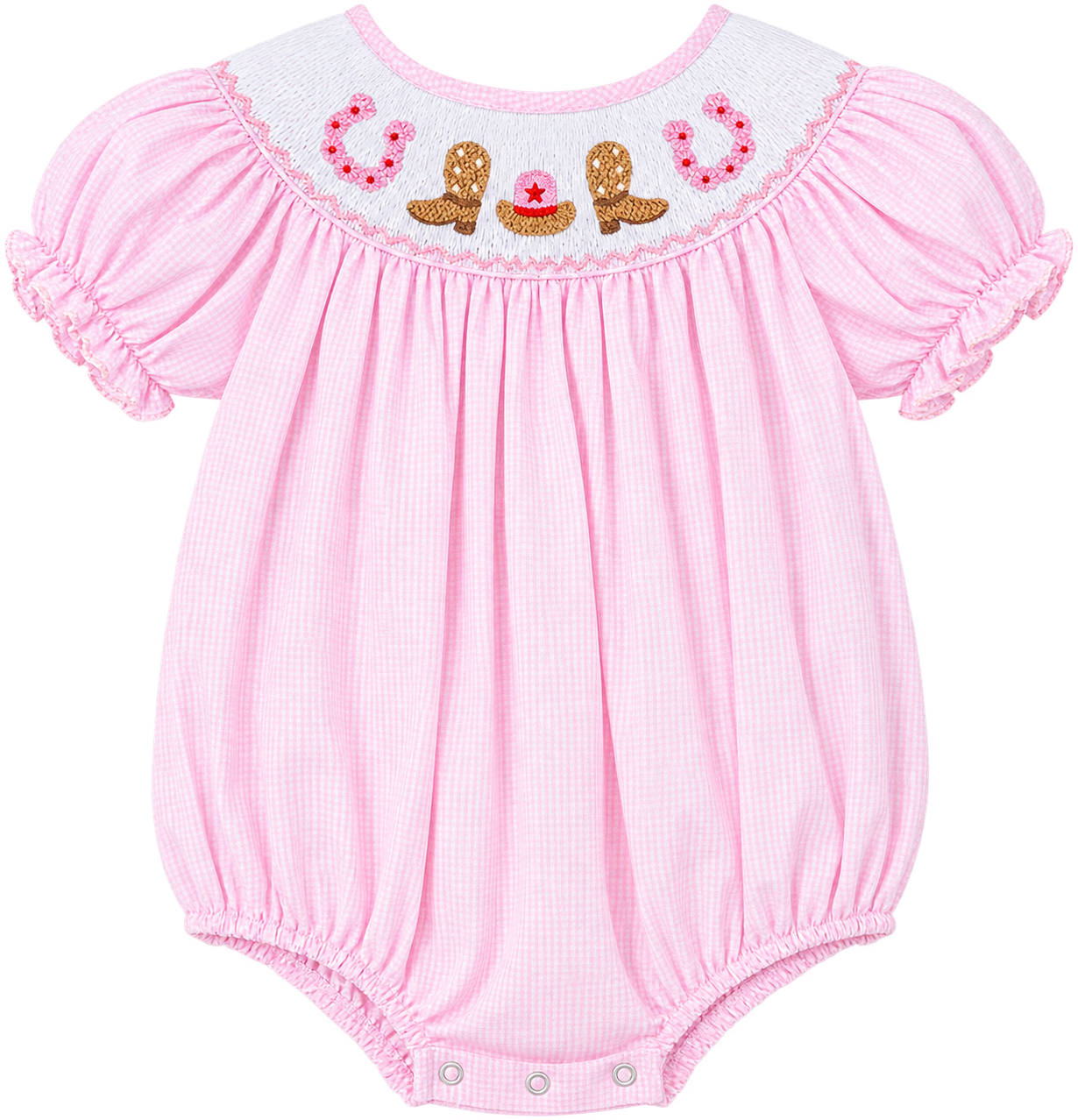 Pink gingham baby girl bubble romper with smocked cowboy boots, hat and horseshoes.