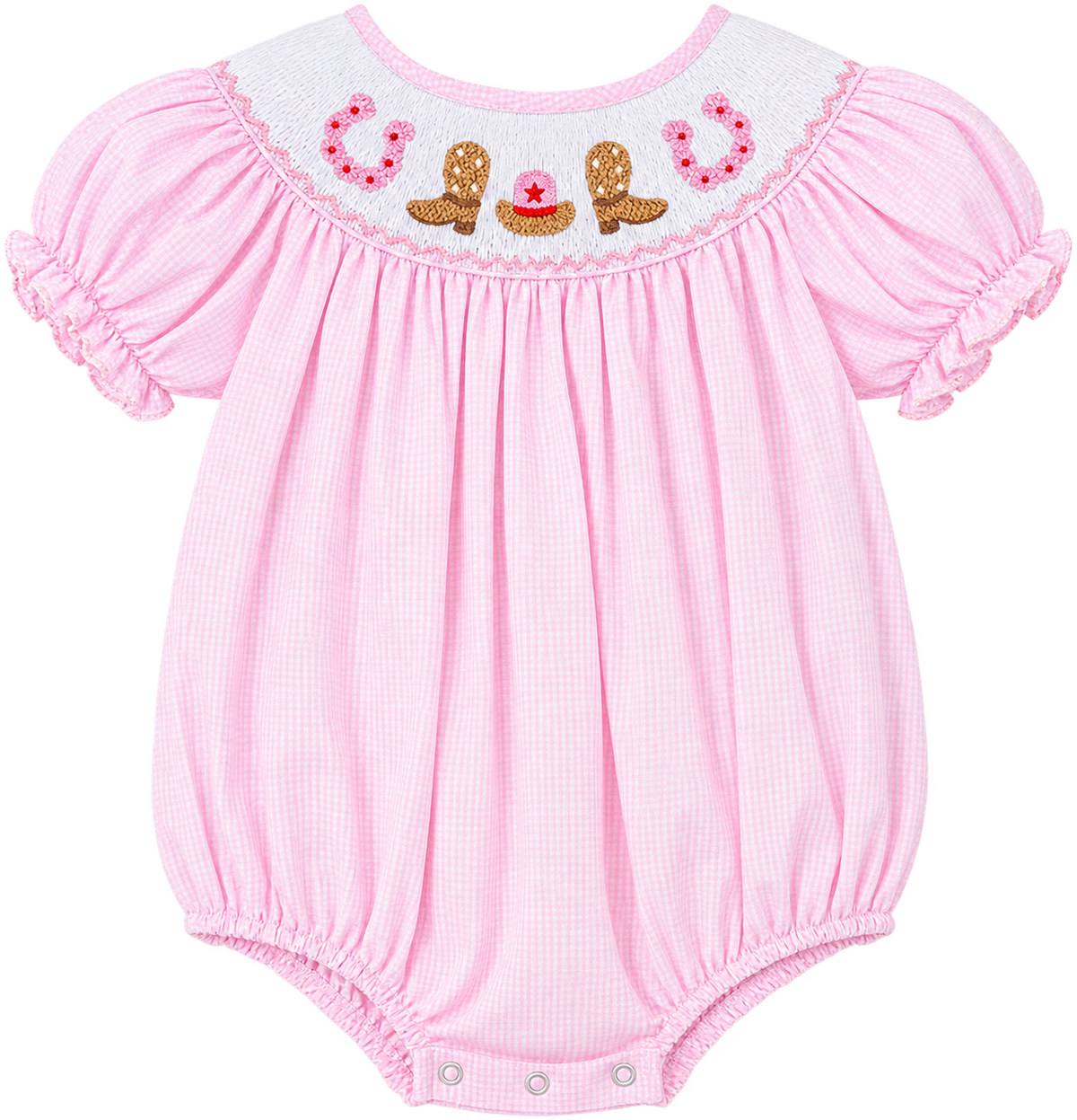 Pink gingham baby girl bubble romper with smocked cowboy boots, hat and horseshoes.