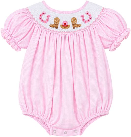 Pink gingham baby girl bubble romper with smocked cowboy boots, hat and horseshoes.