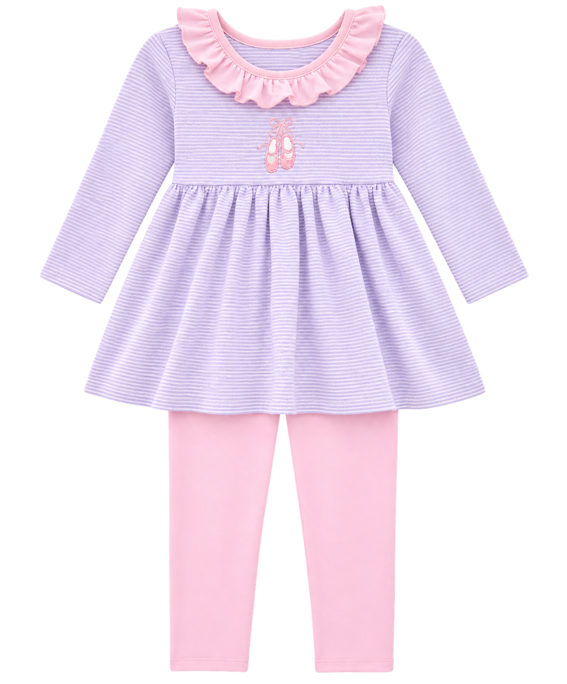 Girls lavender striped ballet slipper pant set with pink ruffle neckline and coordinating pink pants.