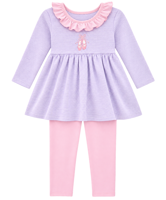Girls lavender striped ballet slipper pant set with pink ruffle neckline and coordinating pink pants.