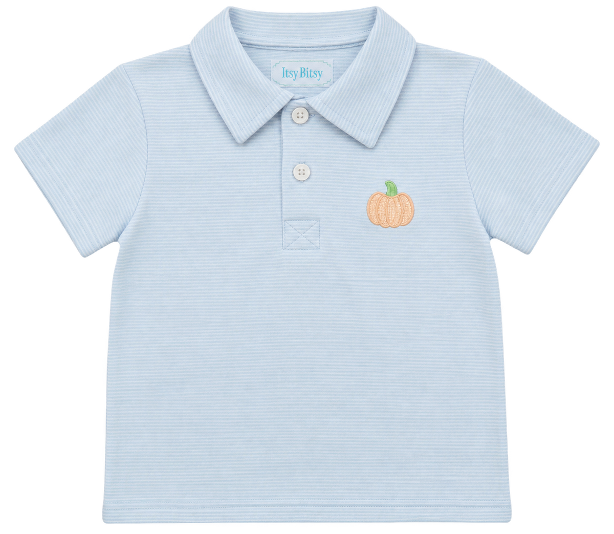 Boys light blue striped polo shirt with embroidered orange pumpkin on the chest.