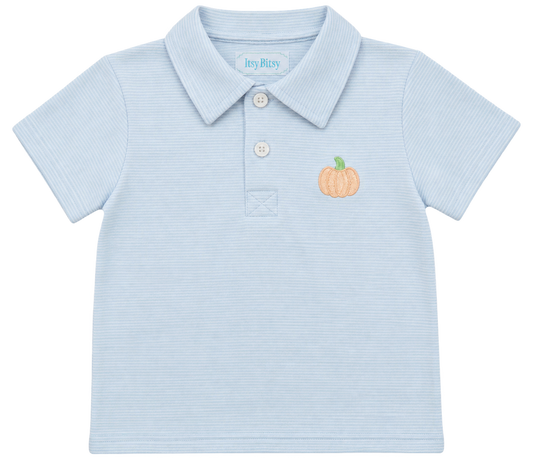 Boys light blue striped polo shirt with embroidered orange pumpkin on the chest.