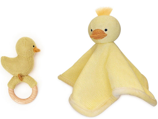 Duckie Knitted Snuggle and Rattle Gift Set