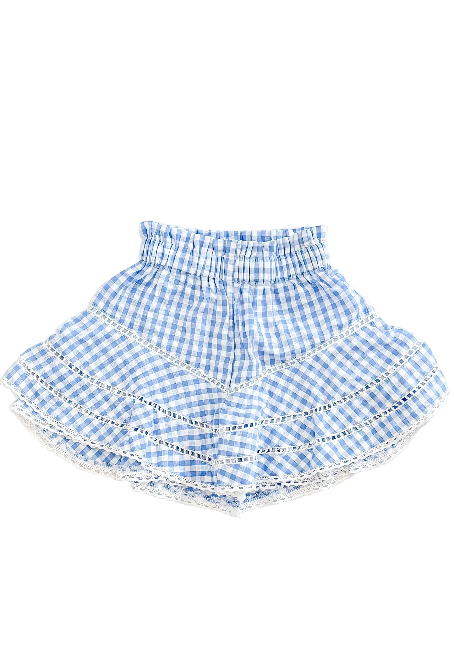 Blue and white checkered skirt with ruffled layers on a white background