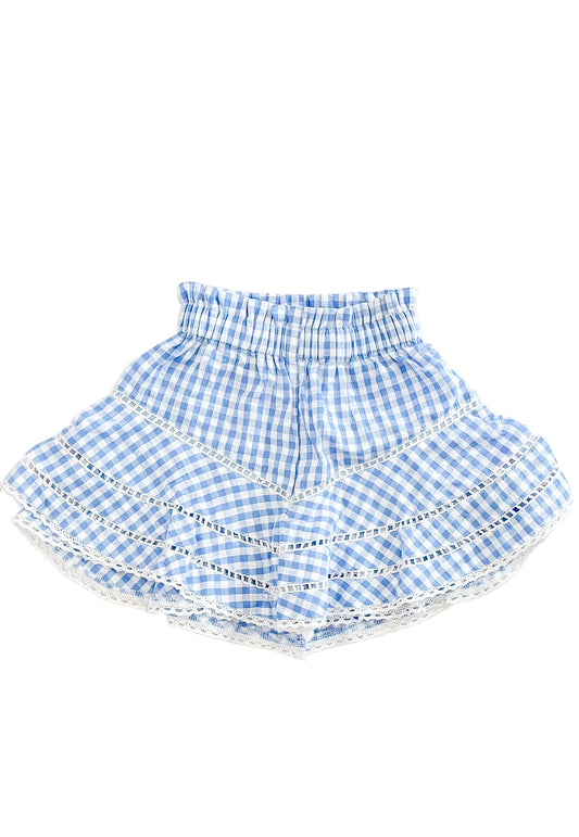 Blue and white checkered skirt with ruffled layers on a white background