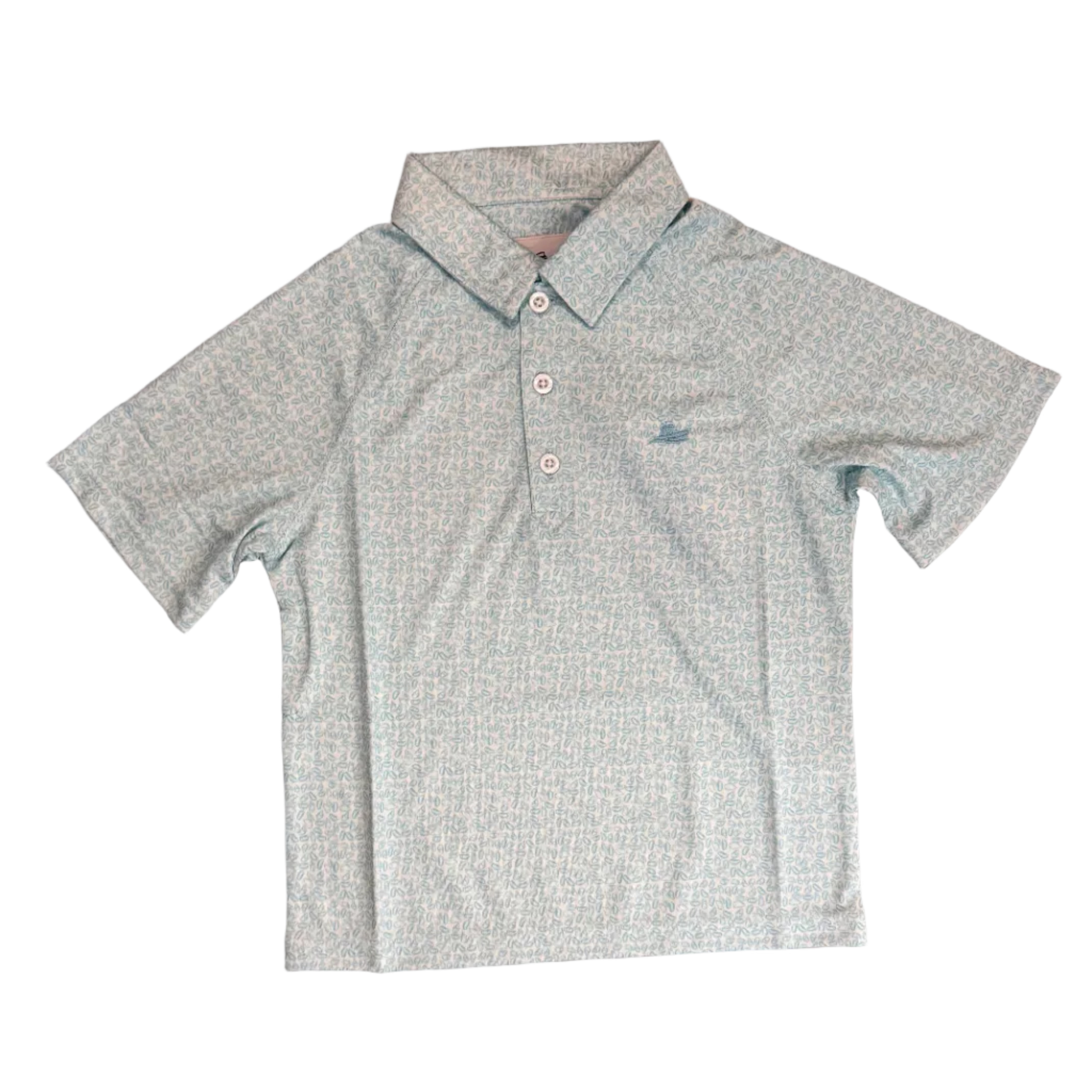light blue boys polo with oysters printed all over and a boat logo