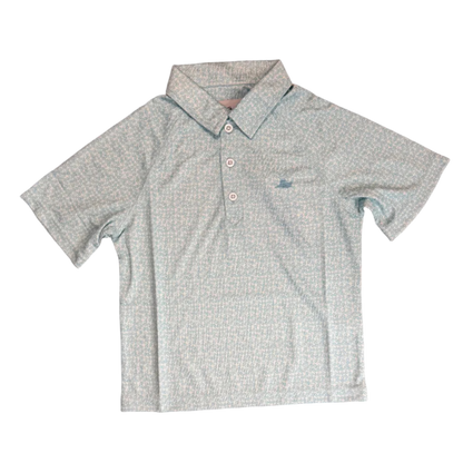 light blue boys polo with oysters printed all over and a boat logo