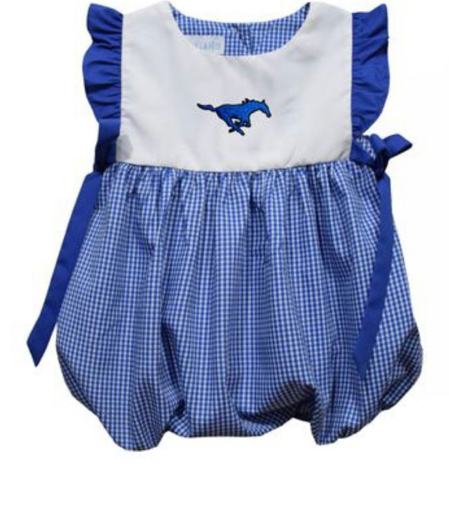 The Vive La Fete Friendswood High School Girls Bubble is a blue and white gingham romper with ruffled sleeves, blue side ties, and a mustang-embroidered chest—perfect for showing Friendswood High School spirit.