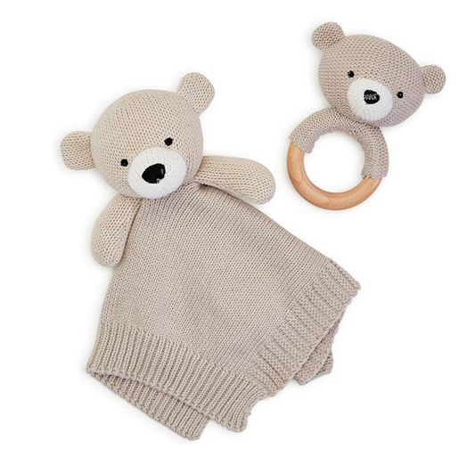 Knitted Baby Bear Snuggle and Rattle Set