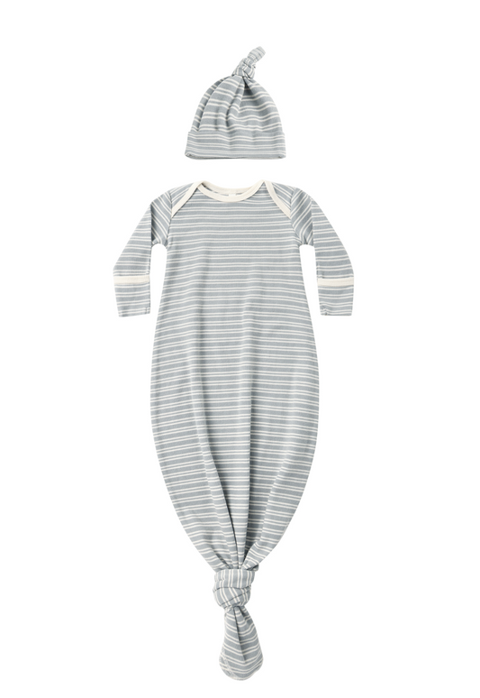 Steel Blue Knotted Baby Gown + Hat Set