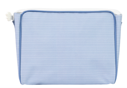 The Large Go Bag by Apple Of My Isla is a rectangular PVC-free pouch with horizontal light blue and white stripes, blue edge piping, and a top white zipper featuring a small flower-shaped pull.