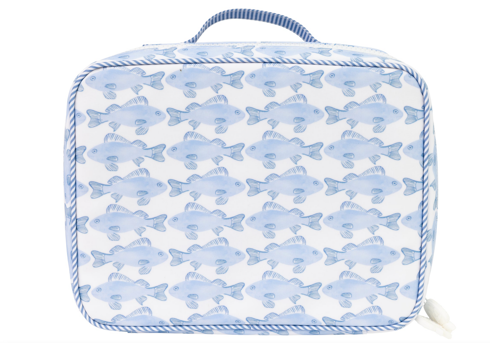 The Lunchbox by Apple Of My Isla is a square, soft-sided, eco-friendly lunchbox featuring blue fish on white, with a blue and white striped handle and trim.