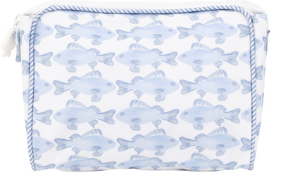 The Large Go Bag by Apple Of My Isla is a PVC-free white bag with a zippered pouch design, featuring light blue fish with striped fins and tails and blue-and-white diagonal striped edges for a charming, eco-friendly look.