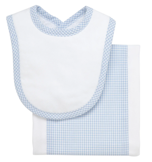 Small Check Drooler Bib & Burp Set - Blue