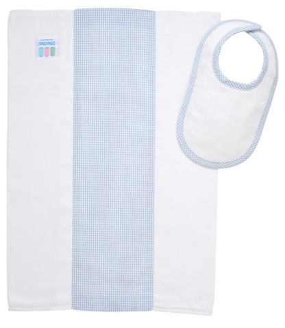 Small Check Drooler Bib & Burp Set - Blue