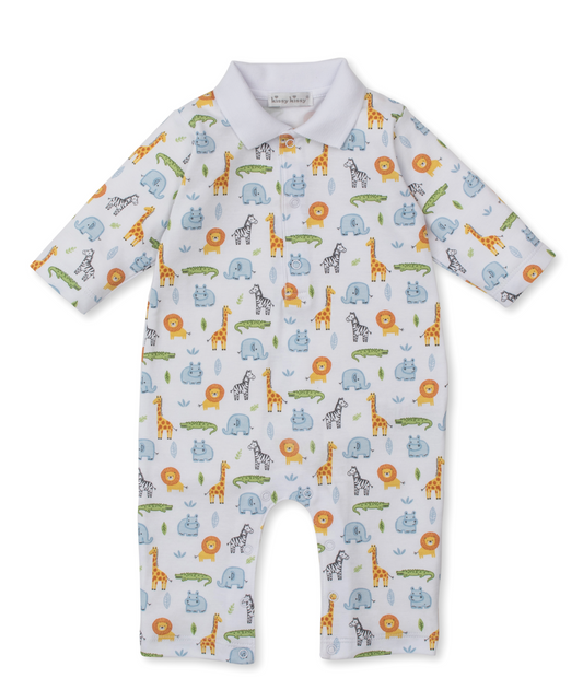 The Kissy Kissy Safari Wild Playsuit is a white, long-sleeve, long-leg outfit with a collar and colorful animal prints—lions, elephants, giraffes, zebras, and crocodiles—perfect for little explorers.