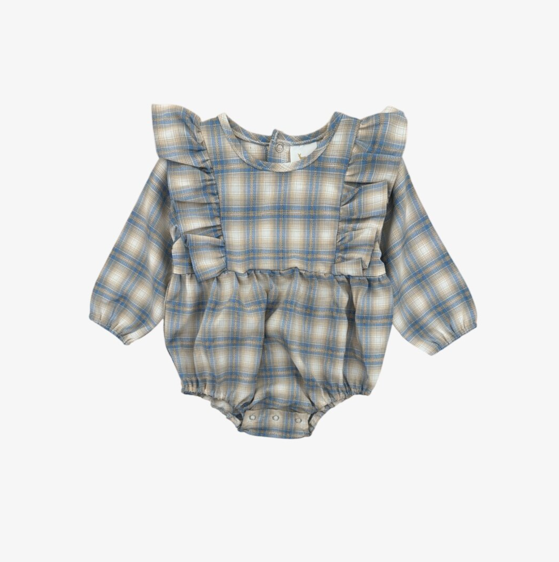 Plaid baby romper with ruffled sleeves on a white background