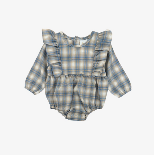 Plaid baby romper with ruffled sleeves on a white background