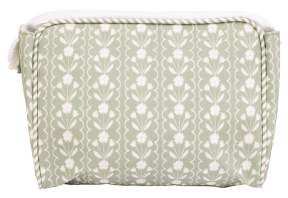 The Large Go Bag by Apple Of My Isla is a rectangular, light green PVC-free pouch featuring a white floral pattern and a white top zipper.