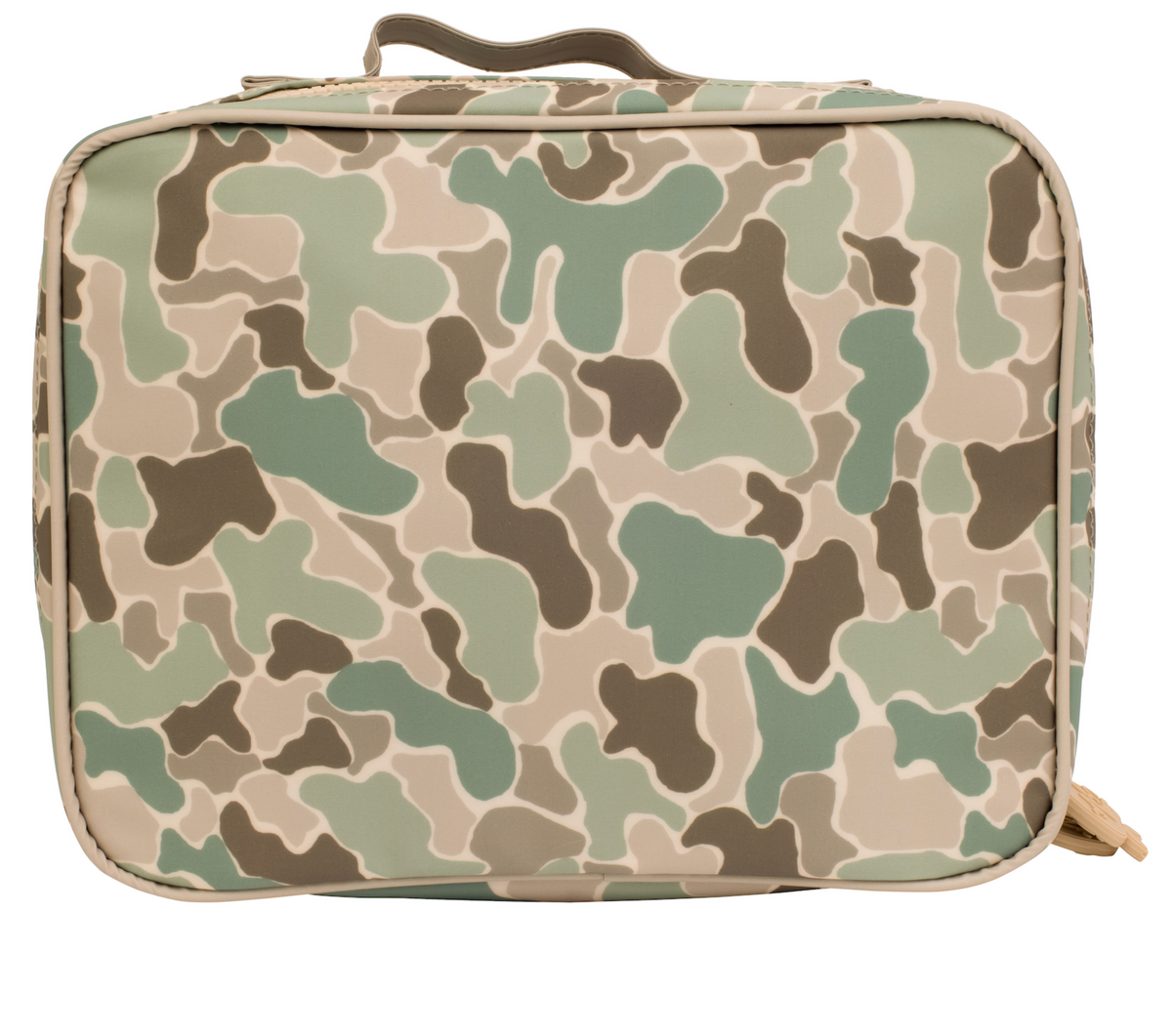 The Lunchbox by Apple Of My Isla is a rectangular, PVC-free lunchbox featuring a green, brown, and beige camouflage pattern, top handle, and zipper closure.
