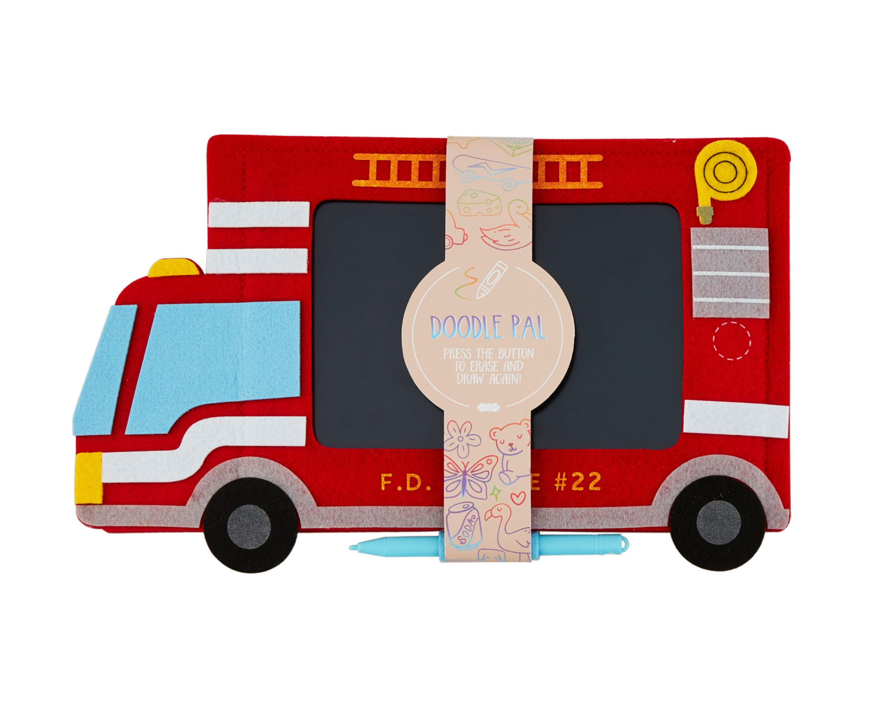 The mudpie Doodle Pads is a red fire truck-shaped doodle board with felt details. It includes a pale blue stylus and a band that says, “Doodle Pal: Press the button to erase and draw again!” for mess-free fun.