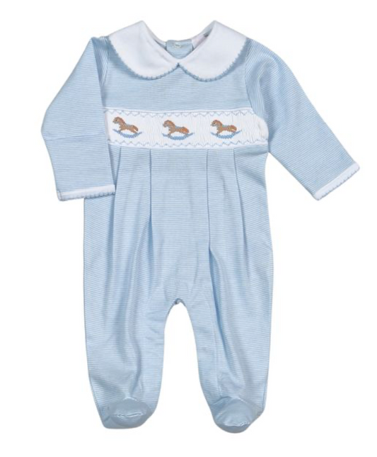 Blue Rocking Horse Hand Smocked Pima Footie
