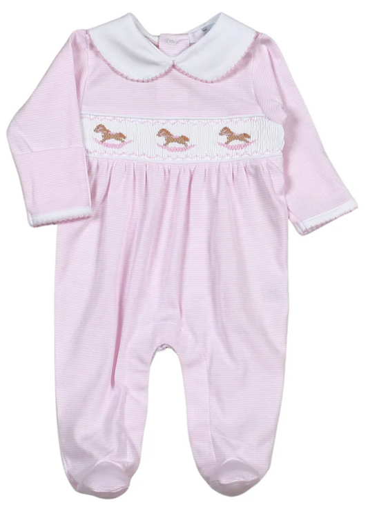 Pink Rocking Horse Hand Smocked Pima Footie