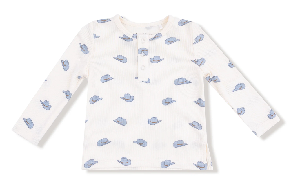 Long Sleeve Henley with Blue Cowboy Hats