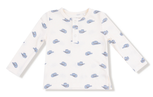 Long Sleeve Henley with Blue Cowboy Hats