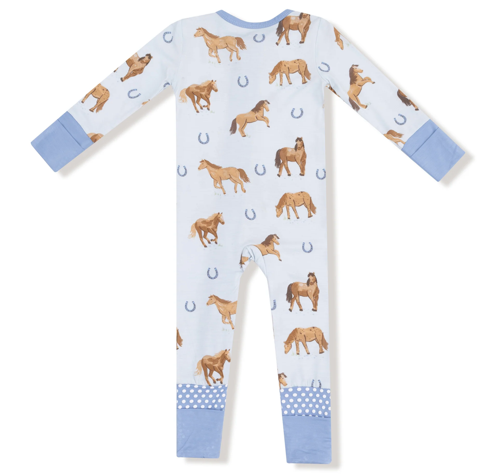 2 Way Zip Convertible Romper Blue Horses