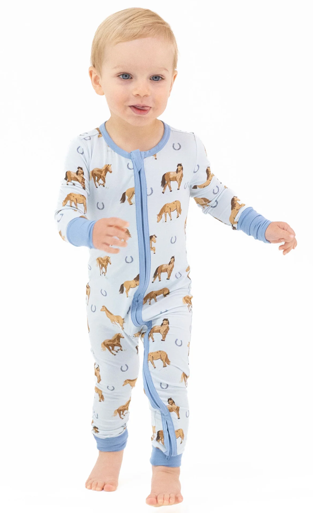 2 Way Zip Convertible Romper Blue Horses