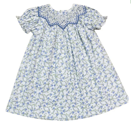 Jessica Blue Floral Print Smocked Dress