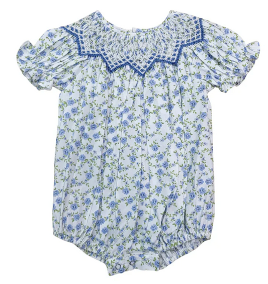 Jessica Blue Floral Print Smocked Bubble