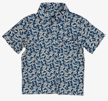 Short-sleeve shirt with blue and white pattern on a white background