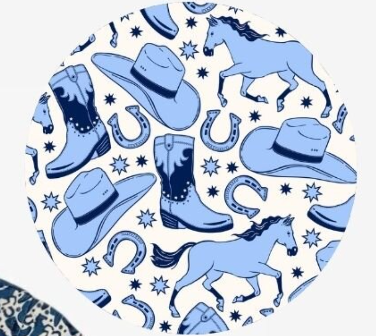Pattern of blue cowboy hats, boots, and horses on a white background