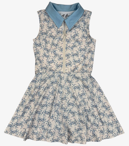 Floral dress with a blue collar on a white background