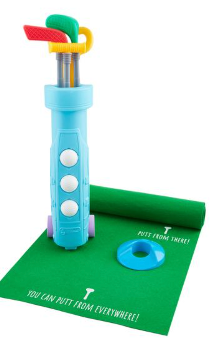 The mudpie Golf Play Set includes three colorful mini clubs, a blue wheeled golf bag, green putting green with text, blue putting cup, and white ball—perfect for little golfers to practice their swing.