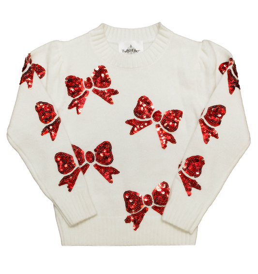 Cream Sweater with Red Bows