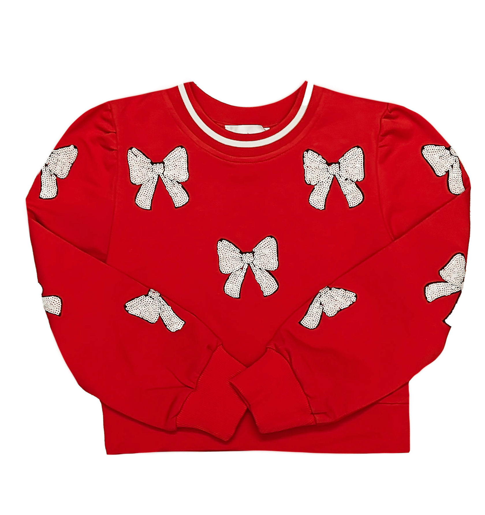 Red sweater with white bow patterns on a white background