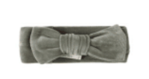 The Quincy Mae Velour Infant Bow Headband is a soft, light gray velvet-like accessory with a large forest-toned bow at the center, perfect for adding stylish charm to your baby's look.