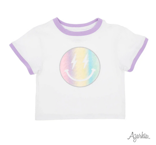 Glitter Pastel Rainbow Smiley Ringer Boxy Tee