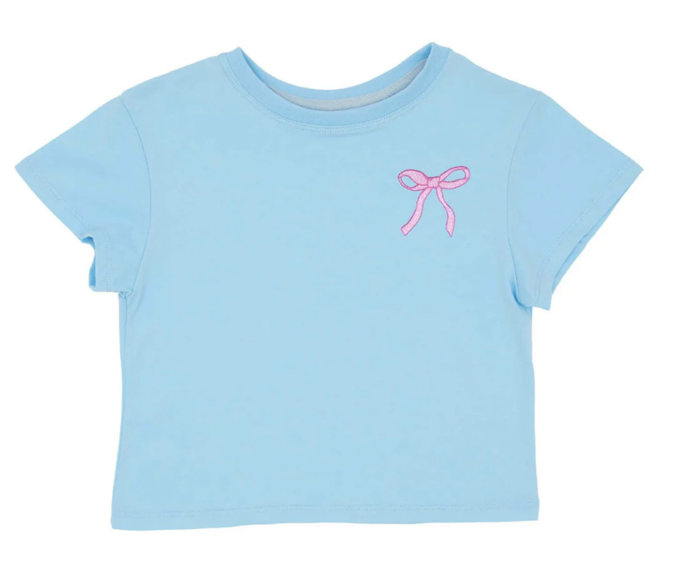 The Azarhia Pink Glitter Bow tee is a light blue girls’ short-sleeve t-shirt with a small pink glitter bow design on the left chest. The shirt is plain, with no extra patterns or graphics.