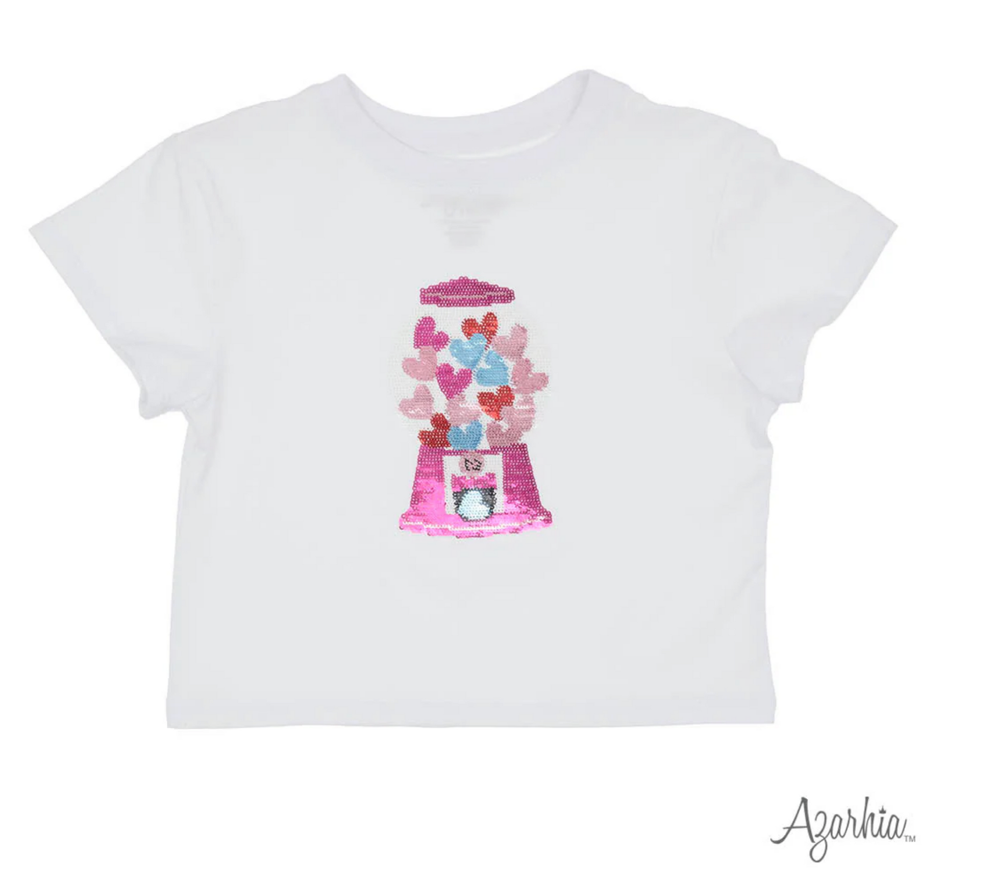Azarhia's Sequin Gumball Hearts White Boxy T features a pink sequin gumball machine with heart-shaped gumballs in red, pink, and blue, plus an Azarhia logo at the bottom right.