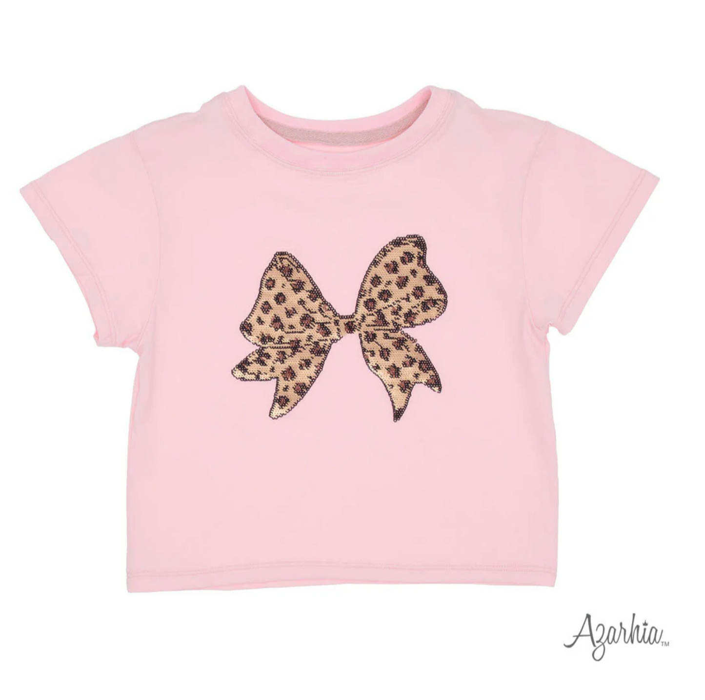Leopard Bow in Sequin on Light Pink T
