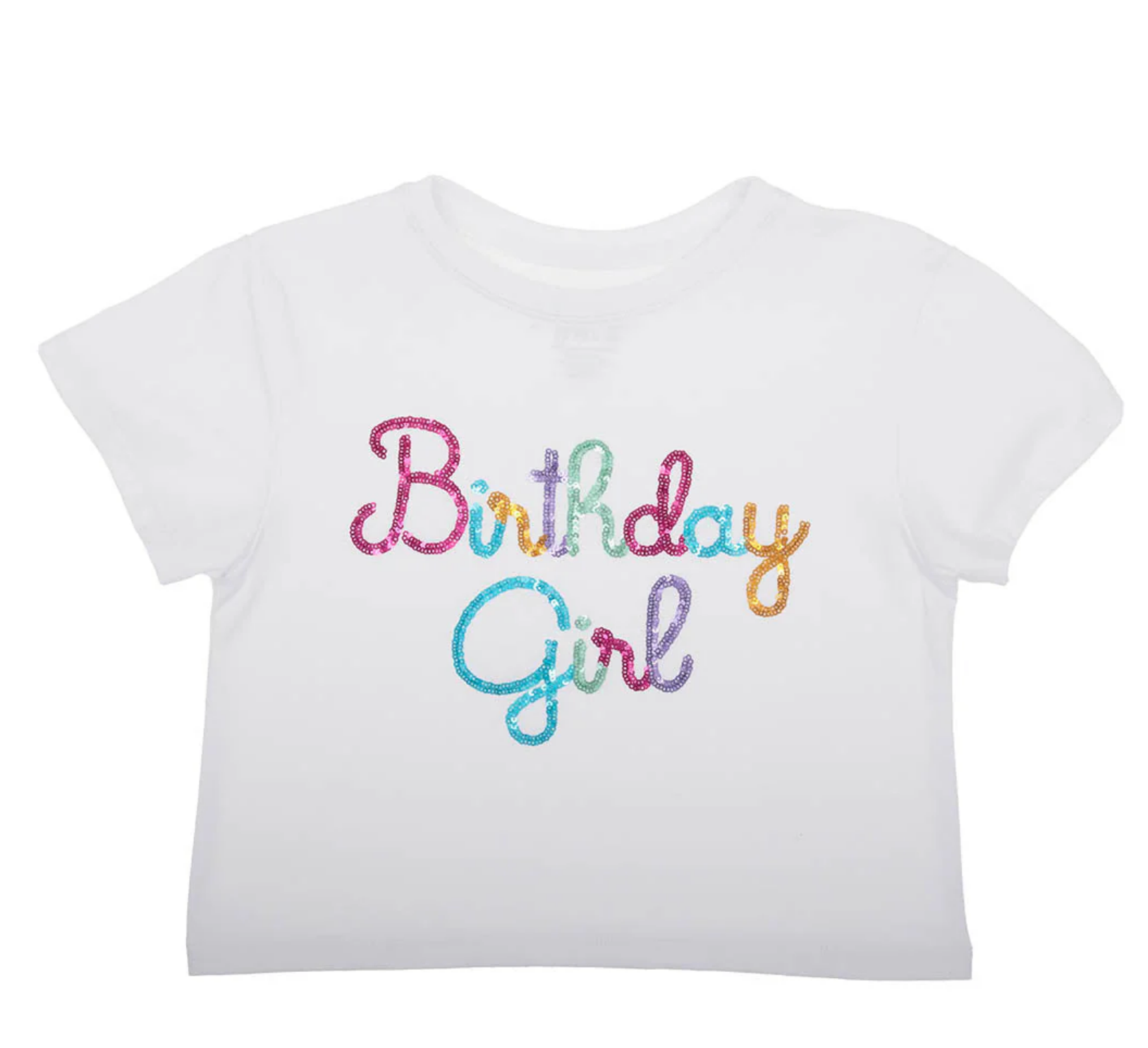 The Azarhia Birthday Girl in Sequin T is a white, short-sleeve tee with colorful glittery letters and sequins—ideal for celebrating birthdays in style.