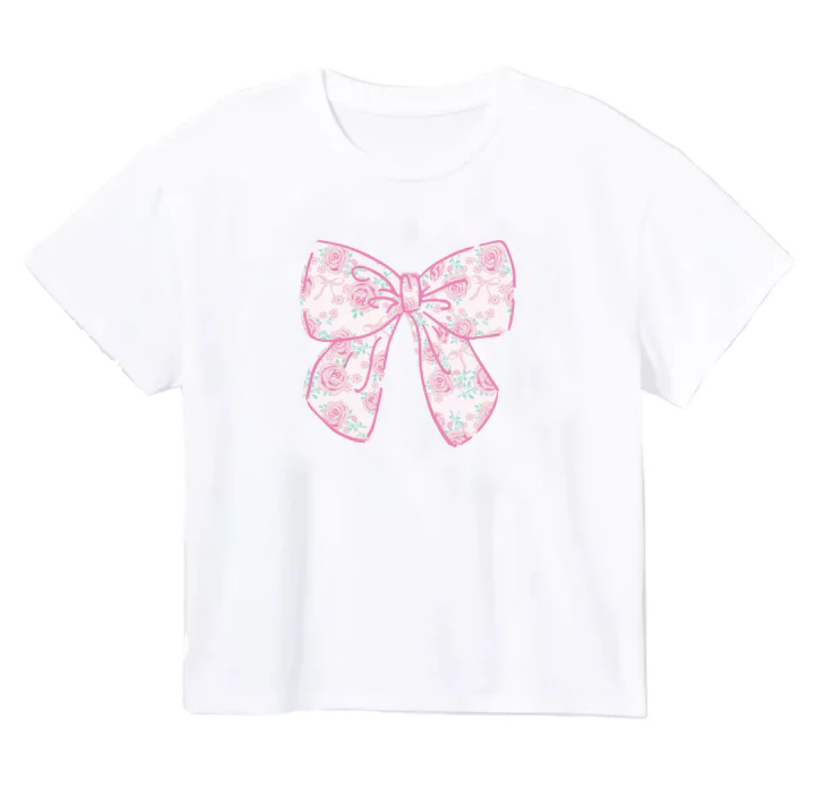 The Azarhia Big Bow in Rosie Print T is a white tee featuring a large pink floral bow on the front, with delicate Rosie Print details and blue-green accents for a charming, feminine style.