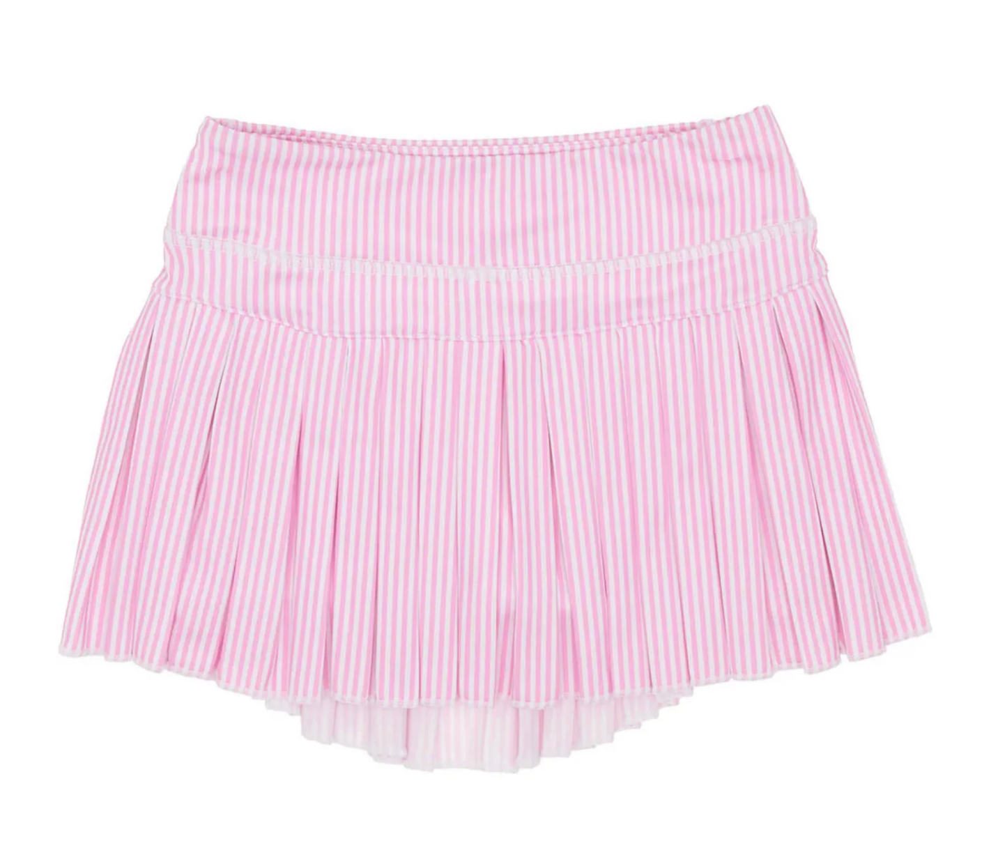 The Azarhia Pink Stripe Mini Pleat Skort features pink and white vertical stripes, a pleated front, and a smocked waistband, shown against a white background.