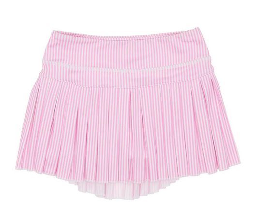 The Azarhia Pink Stripe Mini Pleat Skort features pink and white vertical stripes, a pleated front, and a smocked waistband, shown against a white background.